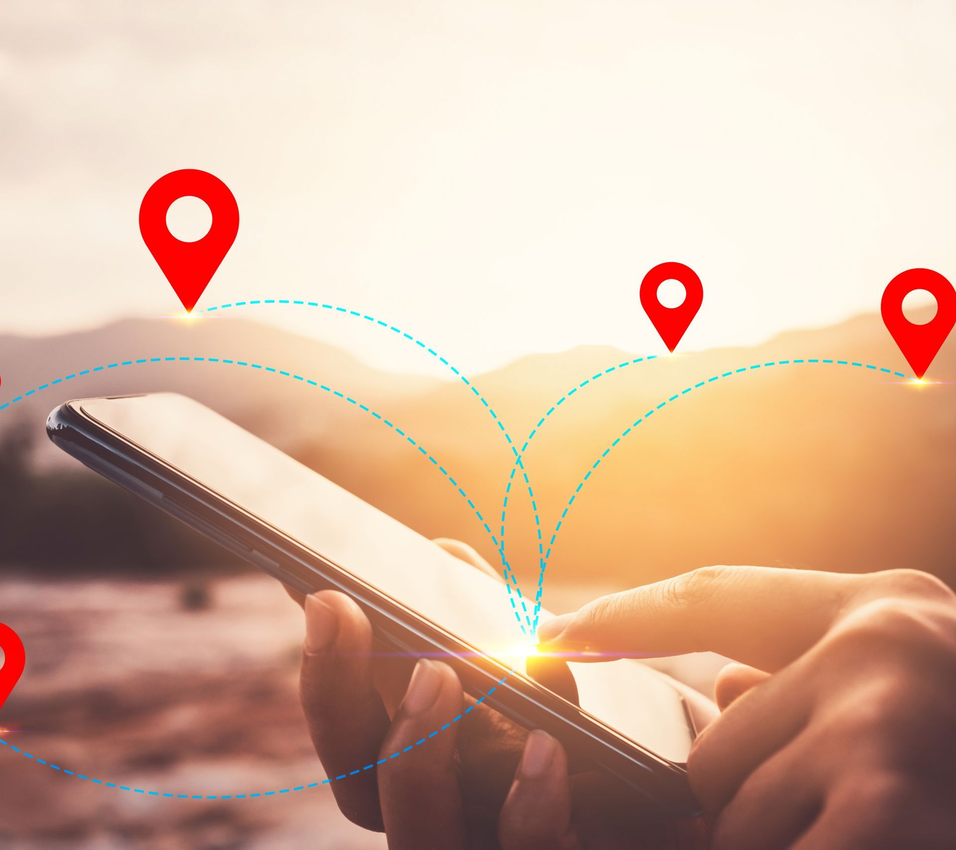 Woman hand using smart phone on top of mountain with navigator location point abstract background. Technology business and travel adventure concept.
